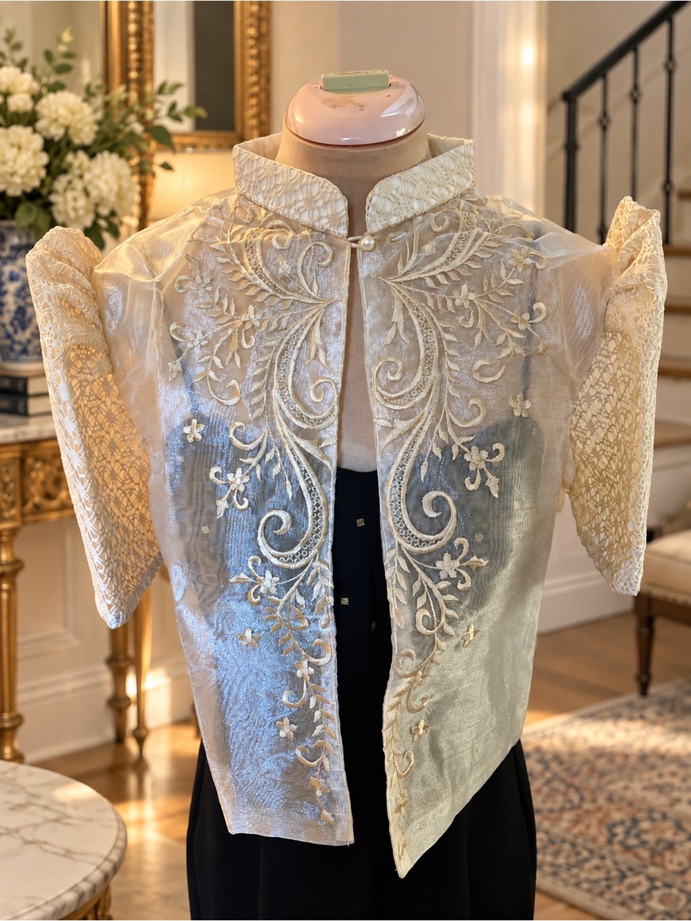 Elegant Filipiniana Lace Bolero – Ivory Cream Embroidered Puff Sleeve Jacket - Picture 5 of 6